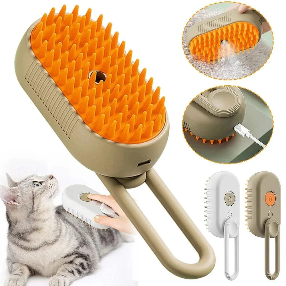 3-in-1 steam pet grooming brush for cats and dogs with spray, comb, and hair removal functions